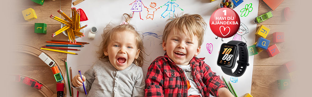 Évindító folyamatos díjas életbiztosítási akció, a képen egy boldog kisfiú és egy kislány látható, játékok között fekszenek.