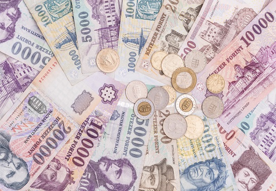 A képen különböző címletű bankjegyek és pénzérmék láthatóak.